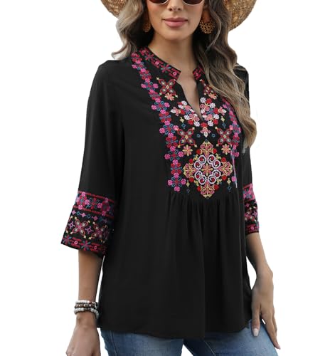 Higustar Mexican Embroidered Tops Boho 3/4 Sleeve Shirts Floral Peasant Tunic Bohemian Fiesta Blouses Clothes for Women3