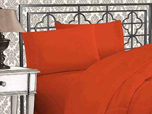 Elegant Comfort Luxurious 1500 Premium Hotel Quality Microfiber Three Line Embroidered Softest 4-Piece Bed Sheet Set, Wrinkle and Fade Resistant, Queen, Rust