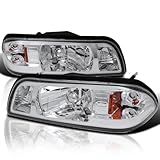 SPEC-D TUNING Chrome Housing Clear Lens 1PC Headlights + Corner Lights Compatible with 1987-1993 Ford Mustang L+R Pair Head Light Lamp Assembly