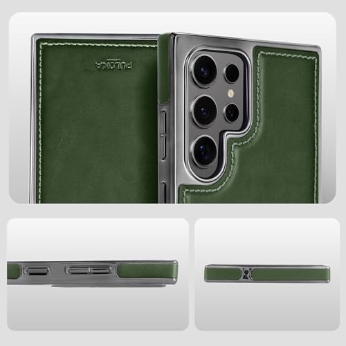 Image of PULOKA Chrome Leather Back Case - Compatible with Samsung Galaxy S25 Ultra - Luxury Bumper Case - Flexible Vegan Leather - Electroplated Sides - Full Camera Protetection & Raised Edges - Green