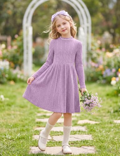 Image of Arshiner Girls Dresses Long Sleeve A Line Knit Sweater Dress with Pockets
