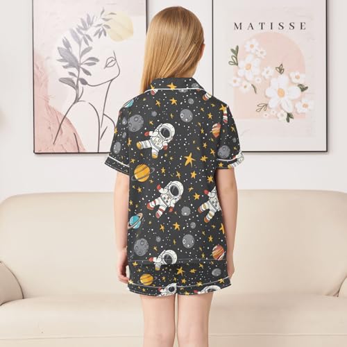 ALAZA Cartoon Astronaut Starry Planet Pajamas Satin Pajama Set Short Sleeve Button Down Sleepwear4