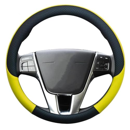ハンドルカバー に適合する ボルボ V40 2012-2019用 レザーカーステアリングホイールカバー 滑り止めカーインテリアアクセサリー ハンドルカバー保護(黄色)