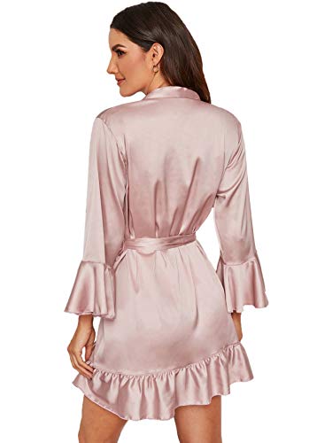 Floerns Women's Ruffle Hem Belted Satin Kimono Bridesmaids Robe A Pink M #TOP1