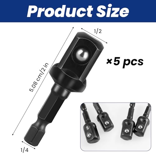 Image of 1 /2 or 3 /8 Impact Socket Adapter Set, 5PCS Black Drill Sockets Adapter 1 /4 to 1 /2 or 3 /8 Drive Adapters Kit for Impact Driver Automotive DIY Extension Socket Bits Handle Nut Driver and Drills