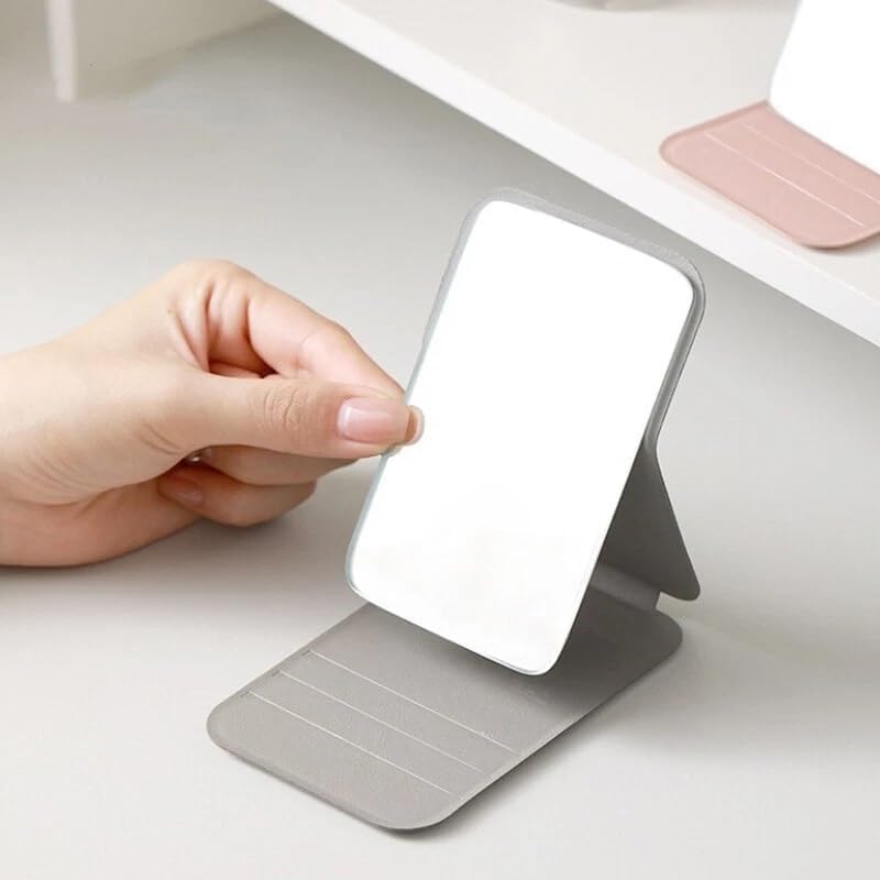 Image of Foldable Travel Mirror, Portable Pocket Makeup Mirror with Stand, Compact Handheld Vanity Mirror for Purse, Desk & Travel Use (7x11cm) (Grey)
