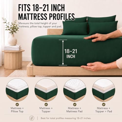 Image of CozyLux 7-Piece Split King Sheets, Fits 18-21 Inch Mattresses, Oeko-TEX | 4 Pillowcases, 1 Flat Sheet and 2 Fitted Sheets with All-Around Elastic, 21-Inch Deep Pockets for a Secure Fit, Emerald Green
