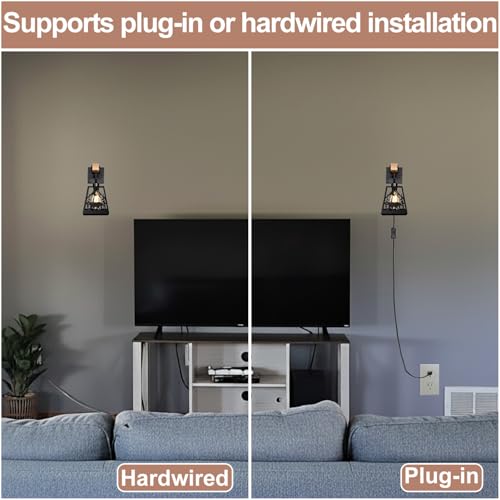 Image of Plug in Wall Sconces Set of 2,Bear Matte Metal Rustic Sconces Wall Lighting,Black Farmhouse Wall Sconces,Bathroom Light Fixtures Indoor,Industrial Wall Lamps for Bedroom,Living Room,Bedside