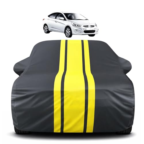 Image of Auto Hub Car Cover Compatible with Hyundai Verna Old (Model : 2010-2022) with Mirror Pocket, Soft Cotton Lining, Verna Car Cover Waterproof - Yellow-Black