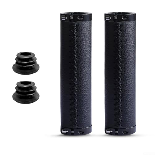 Set mit 2 Rindsleder-Griffen für Fahrräder mit feststellbaren Ringen aus Aluminiumlegierung, rutschfest für sichere Handhabung auf Straßen-, Festgetriebe- und Pendlerfahrrädern (schwarz)