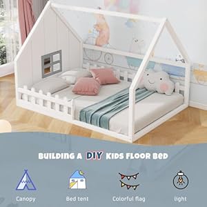 Merax Full Size House Bed for Kids, Wood Montessori Floor Bed with LED Light Toddler Floor Bed with Fence and Window, Toddler Bed Frame for Girls Boys, White Merax Full Size House Bed for Kids Wood Montessori Floor Bed with LED Light Toddler Floor Bed with Fence and Window Toddler Bed Frame for Girls Boys White