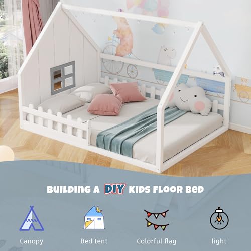 Merax-Full-Size-House-Bed-for-Kids-Wood-Montessori-Floor-Bed-with-LED-Light-Toddler-Floor-Bed-with-Fence-and-Window-Toddler-Bed-Frame-for-Girls-Boys-White Merax Full Size House Bed for Kids Wood Montessori Floor Bed with LED Light Toddler Floor Bed with Fence and Window Toddler Bed Frame for Girls Boys White