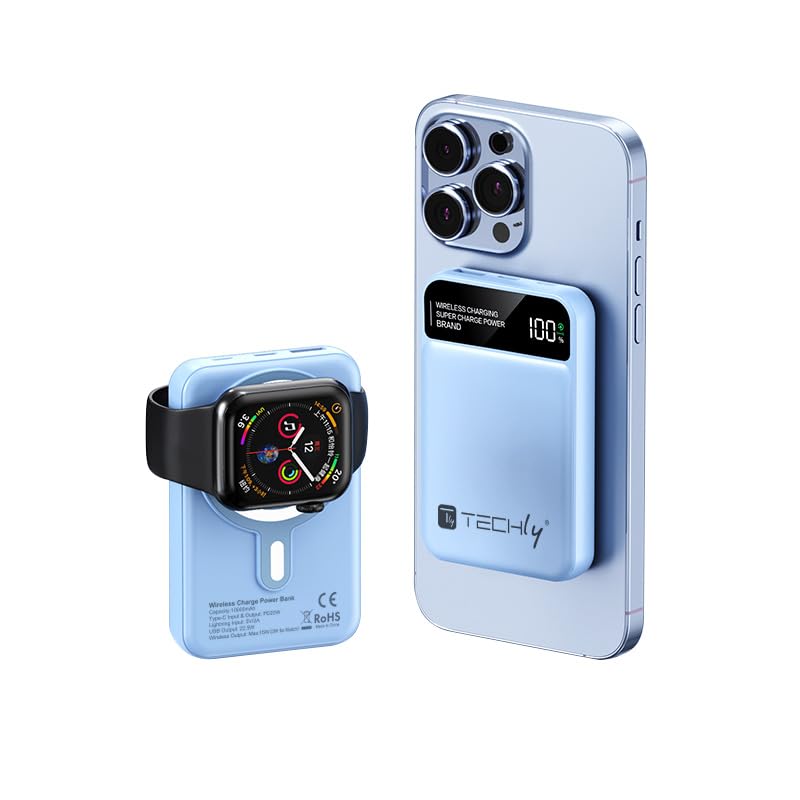 Techly 621307 Power Bank inalámbrico magnético 3 en 1 con LED 10.000 mAh 22,5 W azul claro
