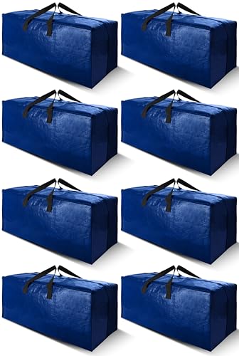Cosy Family 8 Pack Heavy Duty Extra Large Moving Bags with Backpack Straps - Strong Handles & Zippers, Storage Totes For Space Saving, Fold Flat, Alternative to Moving Box (Set of 8, Blue)