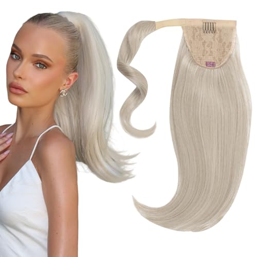 INH Hair Lola Ponytail Extension - Icy Platinum Blonde | Lola 17 inch Clip in Straight Pony with Swoop Secure Comb Base and Wrap Around Design Mid-length for Women Lightweight Vegan Synthetic Hair