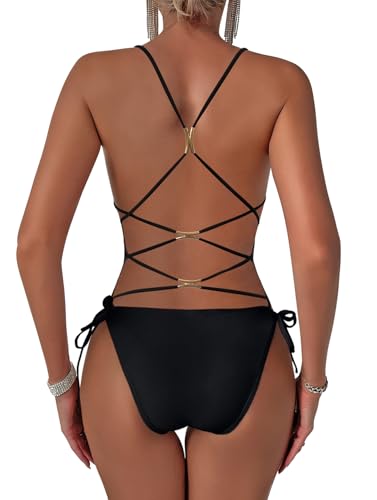 Lilosy Sexy Criss Cross Lace Up Plunge One Piece Swimsuit String Tie Side Cheeky Bathing Suit