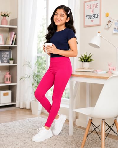 Image of BODYCARE Girls Cotton Stretch Leggings, Elastic Waist Ankle Length Leggings for Kids, Soft