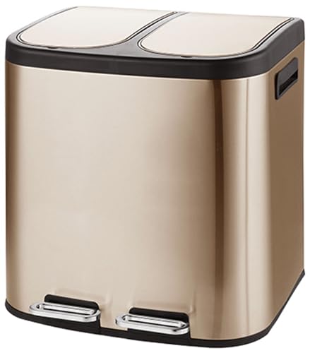 QPQPQ Basura de Cocina Rectangular de Doble Compartimento, Bote de Basura de Acero Inoxidable, Bote de Basura Resistente a Las Manchas con Tapa y Pedal,Oro,30L