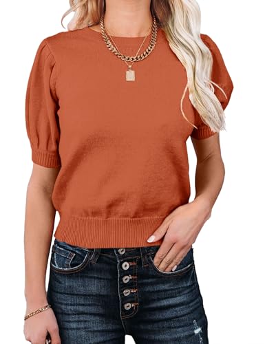 Image of Womens Puff Short Sleeve Sweater Tops Crewneck Basic Knit Pullover Lightweight Casual Sweaters