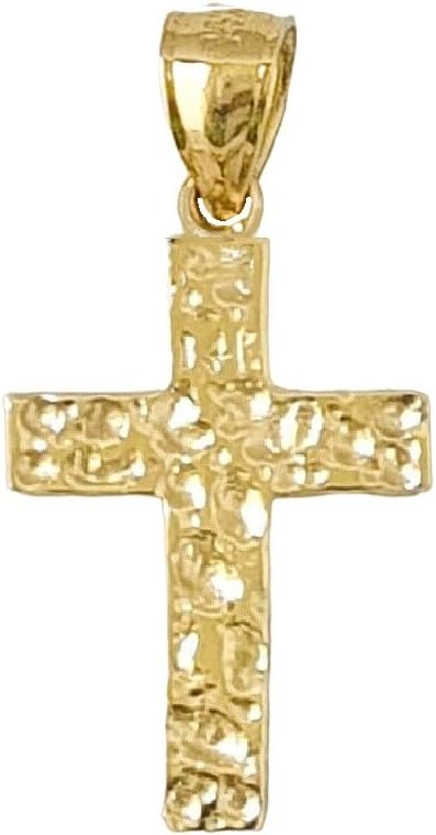 14k Yellow Gold Nugget Cross Charm Pendant, Made in USA