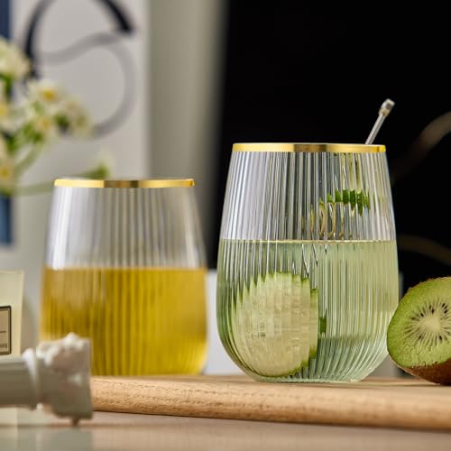 Image of Lueumxc 36 Pack Plastic Wine Glasses, 15Oz Gold Rim Origami Disposable Wine Glasses Unbreakable Clear Plastic Cocktail Glasses Recyclable Shatterproof Reusable Wine Cups