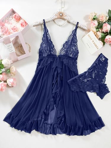 Image of Foxiny Sexy Open Front V Neck Ruffle Sheer Mesh Lace Wireless Babydoll Lingerie Dress with Thong 2 Piece