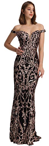 Meier Women s Off The Shoulder Sequins Embellished Prom Formal Dress (Black Rose Gold, 6)
