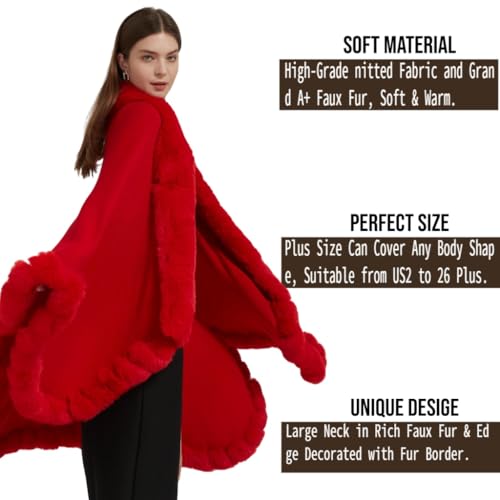 Faux Fox Fur Trim Cardigan Cloak Shawl Wraps Winter Poncho Oversized Cape3