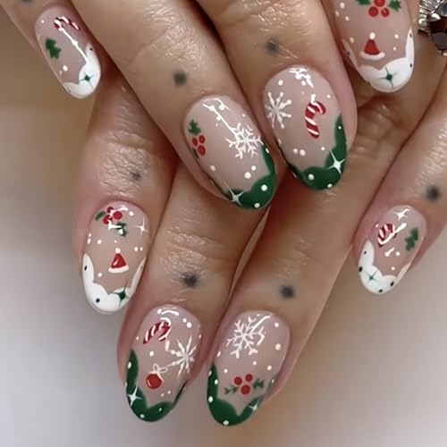 Christmas False Nails - 24pcs Oval Short Press on Nails - Stick on With Green White French Tip Snowflake Candy Hat Pattern - Xmas Nude Fake Nails With Glue Acrylic for Women in 12 Sizes