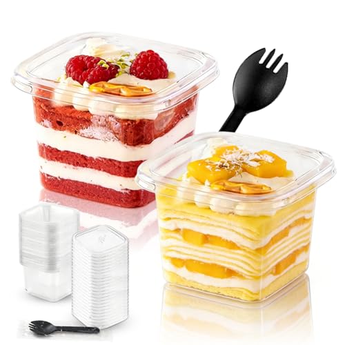 Fouvin Lot de 50 verres à dessert avec couvercle - 360 ml - En plastique - Avec couvercle - Rectangulaires - Avec 50 cuillères - Réutilisables - Pour...