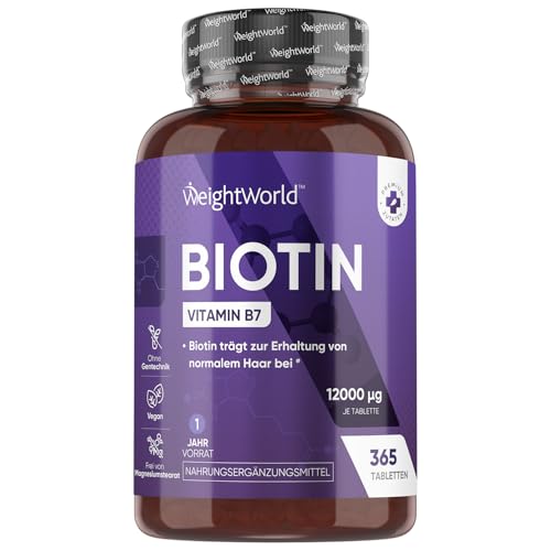Biotin Tabletten - 12.000mcg je Portion - 365 vegane Tabletten - Biotin trägt zur Erhaltung normaler Haut und normaler Haare bei (Laut EFSA) - 1 Jahr Vorrat - Bekannt als Vitamin B7 - WeightWorld