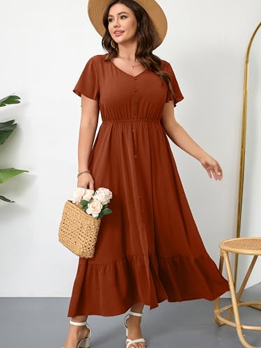 Image of RWJ Women Plus Size Maxi Dress V Neck Short Sleeve Button Trim Split Flowy Tiered Casual Long Dresses 2025 L-3XL
