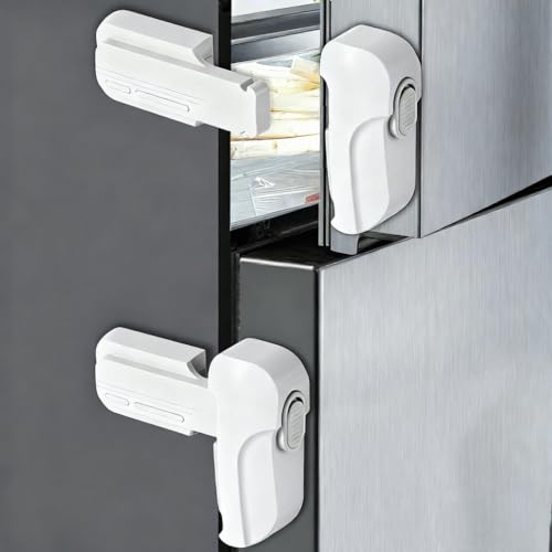 Fridge Locks for Kids - Fridge Lock & Refrigerator Lock, 2-Pack Dual Mode Child Proof Safety Lock, No-Drill 2 Extra Adhesive Freezer Lock & Freezer Door Latches to Keep Toddlers Safe (White)