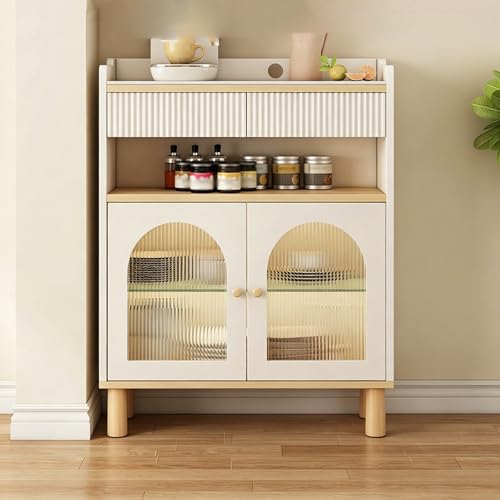 CLLXDZ Aparador Moderno, Mueble de Salón con Robusta Encimera de Piedra, Prácticos Estantes Abiertos y Puertas de Cristal para Salón y Comedor(Natural,30cm/11.8in)