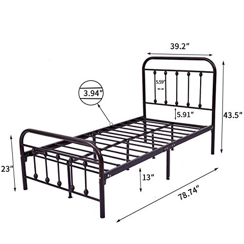HOMERECOMMEND Dark Bronze Metal Bed Frame Platform with Headboard and Footboard Box Spring Replacement Mattress Foundation Heavy Duty Steel Slats, Twin