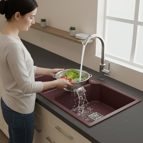 Image of ARQUIN Double Bowl Quartz Kitchen Sink 37x18x9 Inch Brown | Durable & Scratch-Resistant Sink | Undermount,Topmount | Including Coupling,Sink Connector,Waste Pipe & Fruit Washing Basket