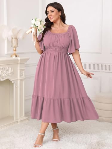Image of CICIDUDU Plus Size Smocked Maxi Dresses for Curvy Women Square Neck Flowy Casual Summer Wedding Guest Dress