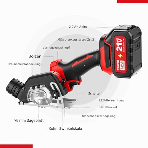 TEENO Akku-Mini-Handkreiss채ge, Akku Handkreiss채ge mit LED-Leuchte, 2x 2,0Ah-Akkus, Einstellbarer Schnittwinkel, 20000 U/min, 8 S채gebl채tter inklusive Schleifscheibe f체r Metall, Holz und Fliesen