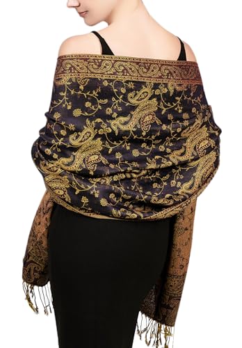 Achillea Soft Silky Reversible Paisley Pashmina Shawl Wrap Scarf w/Fringes (Navy)
