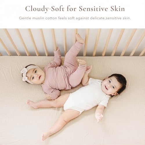 Image of Konssy Muslin Crib Sheets for Girl Boy, 2 PCS Soft and Breathable Cotton Baby Sheets for Standard Crib Mattress, 52 inchx 28 inch (Brown, Cream)