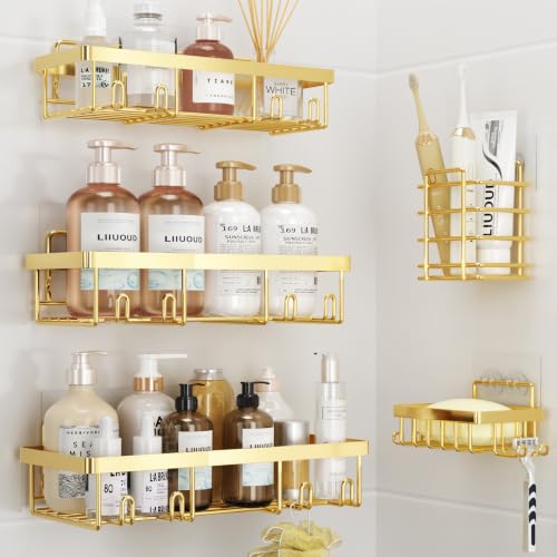 Image of Liuoud 5 Pack Shower Caddy Organizer Rack Shelf for Inside Shower, Self Adhesive Wall Storage Basket Rustproof Stainless Steel Shampoo Holder Bathroom Accessory Decor Set, Gold