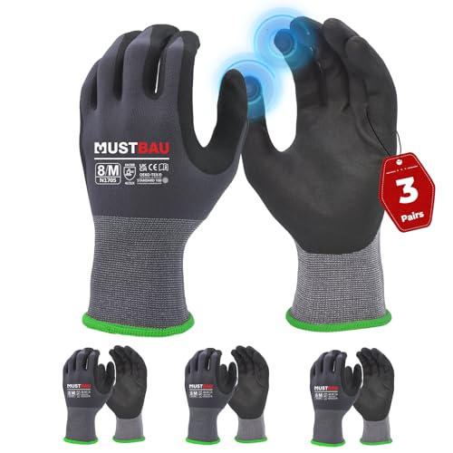 Mustbau 3 Pares de Guantes de Trabajo con Pantalla Táctil, Guantes de Nitrilo Resistentes a la Abrasión, Excelente Agarre Adecuados para Jardinería, Mecánica, Construcción (Gris,M)