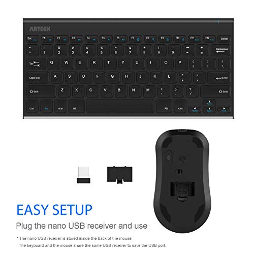 Arteck 2.4G Wireless Keyboard And Mouse Combo Ultra Compact Slim Stainless Full Size Keyboard And Ergonomic Mouse For Computer/Desktop/Pc/Laptop And Windows 10/8/7 Build In Rechargeable Battery #TOP3