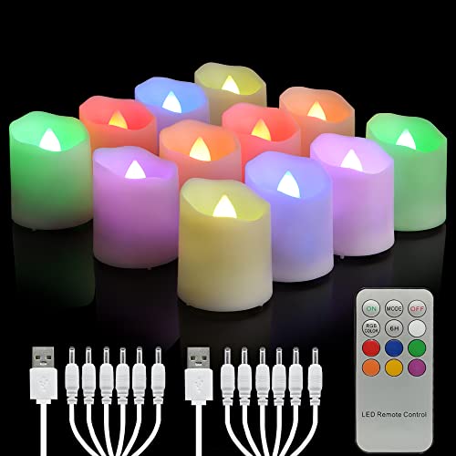 Rechargeable Flameless Tea Lights Candles with Timer & Remote, 12pcs RGB Color Changing Electric Fake Candle with 2 USB Charging Cables, Realistic Flickering LED Christmas Decoration Candles for Home