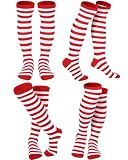 SATINIOR 4 Pair Red and White Striped Knee High Socks Tube Long Clown Socks Thigh High Stockings for Women Cosplay Party(Medium)