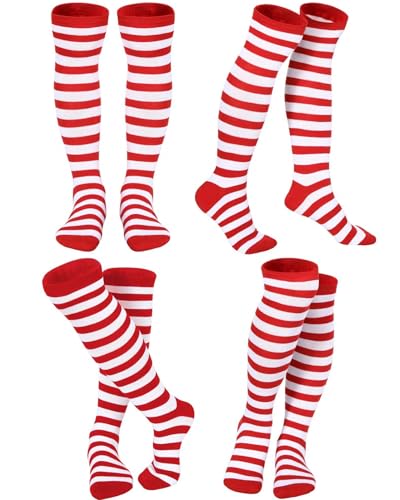 SATINIOR 4 Pair Red and White Striped Knee High Socks Tube Long Clown Socks Thigh High Stockings for Women Halloween(Medium)