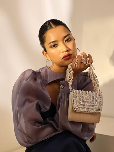 Image of THE TAN CLAN Nysa Mini Hand Embroidered Clutch Bag for Women with Handle - Elegant Evening Handbag, Stylish Clutch Purse with Magnetic Closure, Perfect for Weddings, Parties, Gifting