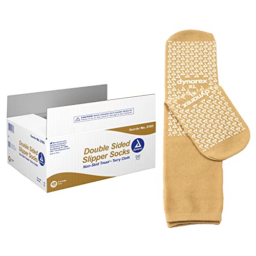 Dynarex Double Sided Non-Skid Socks - Non-Slip Hospital Slipper Socks with Grips, Unisex - Polyester-Spandex Blend - Warm, Fuzzy, No Latex - X-Large, 48 Pairs per Case