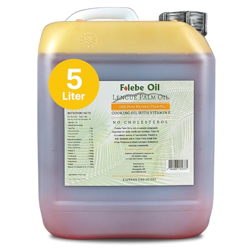 Folebe Oil 5L 100% Pure Natural Red Palm Oil – Authentic Cameroonian Palm Oil for Cooking – Cold-Pressed from Palm Pulp – Rich in Nutrients, Carotenoids, Natural Vitamin E