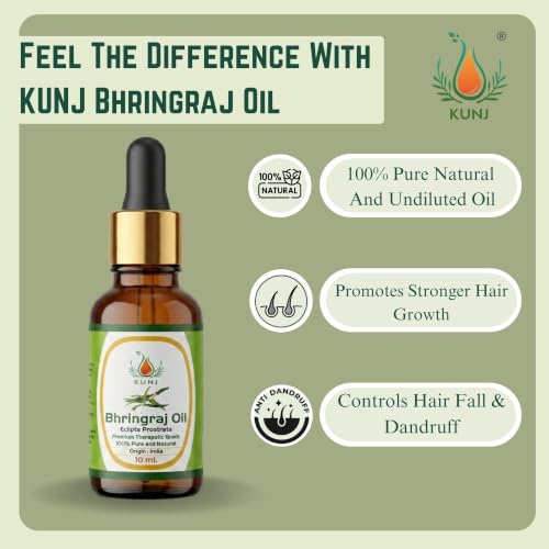Image of KUNJ Bhringraj Oil for Hair Growth & Hair Fall Control 10ml | 100% Pure Ayurvedic Bhringraj Oil (Eclipta Prostrata) | Strong Roots, Scalp Nourishment & Dandruff Care | Natural Hair Care Oil